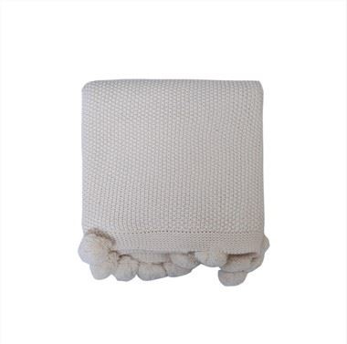 Knit Throw Blanket With Pom Pom